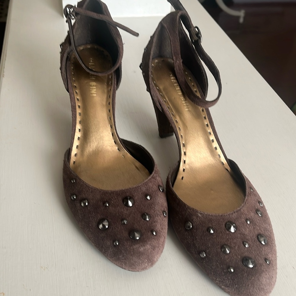 Brown suede ankle strap heels